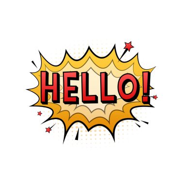 Mesajlı komik konuşma baloncukları. Merhaba. Klasik karikatür çizimi. Sembol, etiket, özel teklif etiketi, reklam rozeti. Vektör stok illüstrasyonu.