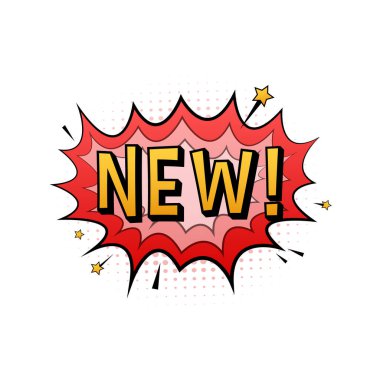 Yeni metinli komik konuşma balonları. Klasik karikatür çizimi. Sembol, etiket, özel teklif etiketi, reklam rozeti. Vektör stok illüstrasyonu