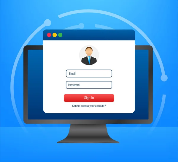 Bejelentkezési oldal a laptop képernyőn. Jegyzetfüzet és online jelentkezési lap, jelentkezzen be az oldalon. Felhasználói profil, hozzáférés a fiók fogalmaihoz. Vektorillusztráció. — Stock Vector