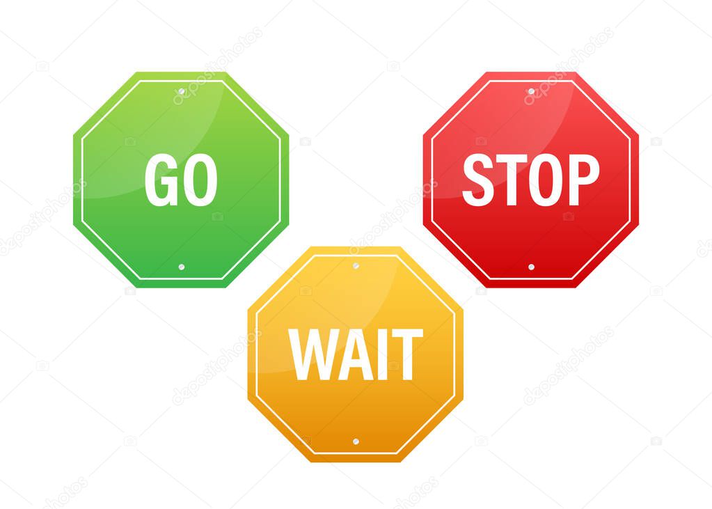 Go, wait, and stop traffic signs. Color set. Vector stock illustration.