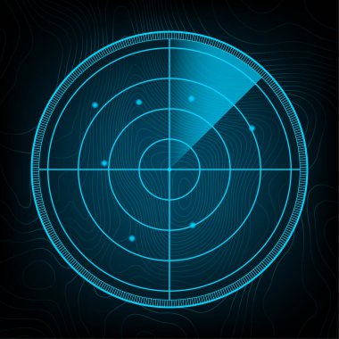 Araştırmadaki gerçekçi radar. Hedeflerle radar ekranı. Vektör stok illüstrasyonu.
