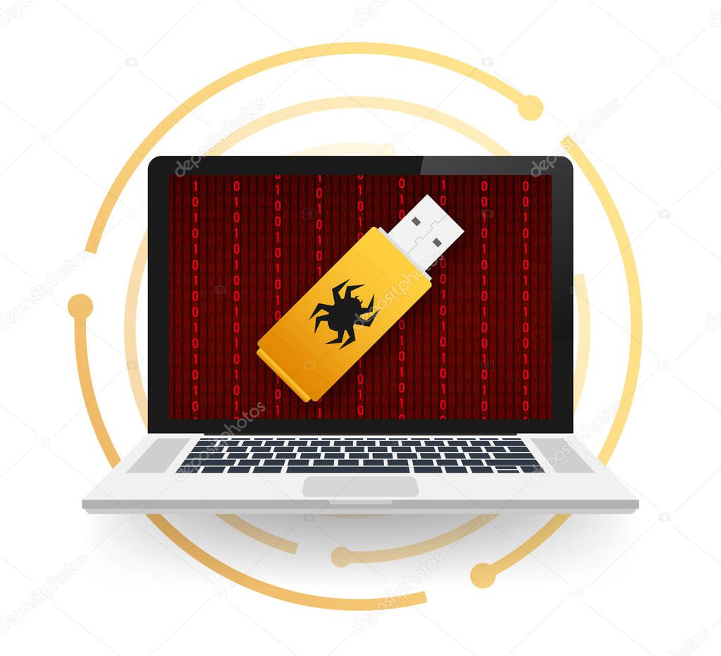 Computer virus on usb flash card. Virus protection. Vector stock illustration.