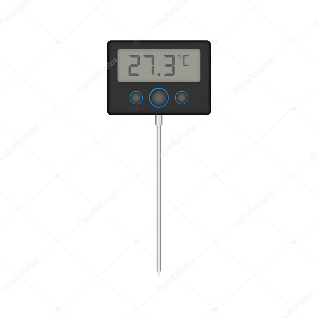 Kitchen or laboratory thermometer. Food temperature. Vector stock illustration.