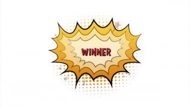 Metin Kazanan ile komik konuşma baloncukları. Klasik karikatür çizimi. Sembol, etiket, özel teklif etiketi, reklam rozeti. Stok illüstrasyonu.