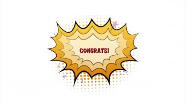 Tebrik mesajlarıyla birlikte komik konuşma baloncukları. Klasik karikatür çizimi. Sembol, etiket, özel teklif etiketi, reklam rozeti. Stok illüstrasyonu.