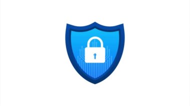 Siber güvenlik logosu, kalkan ve işaretli. Güvenlik kalkanı konsepti. İnternet güvenliği. Stok illüstrasyonu.