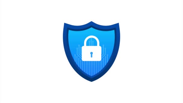 Ηλεκτρονικό λογότυπο ασφαλείας με ασπίδα και σήμα ελέγχου. Σχέδιο ασπίδας ασφαλείας. Ασφάλεια Διαδικτύου. Εικονογράφηση αποθέματος. — Αρχείο Βίντεο