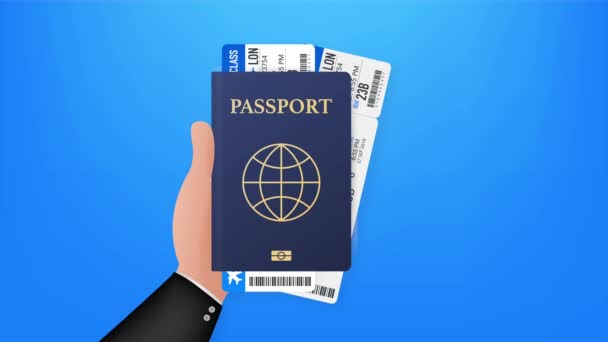 Blank passport template and airline tickets. International passport with sample personal data page. stock illustration. — Stock Video