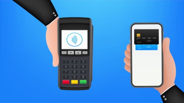 Métodos de pagamento sem contato Telefone inteligente móvel e estilo realista do terminal POS sem fio. ilustração de estoque. — Vídeo de Stock