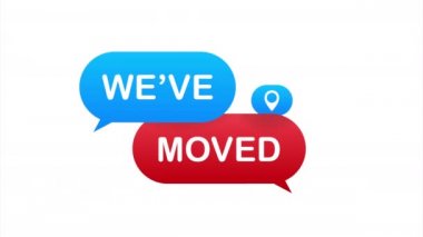 Taşındık. Ofis tabelası taşıyor. Resim kırmızı arkaplanda izole edildi. Stok illüstrasyonu.