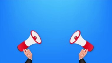 Harika bir işi olan el ele tutuşan megafon. Megafon bayrağı. Web tasarımı. hisse illüstrasyonu.