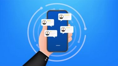 Cep telefonu illüstrasyonundaki balon konuşmalarını gözden geçir, düz stil akıllı telefon yorumları yıldızları iyi ve kötü oranda ve mesajla yorumlar. resimleme.