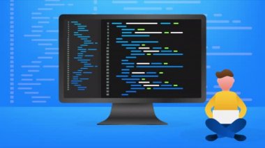 Dijital Java kod metni. Bilgisayar yazılım kodlama kavramı. Senaryo Java 'yı programlıyorum. Ekrandaki çocukla birlikte dijital program kodu. hisse illüstrasyonu.