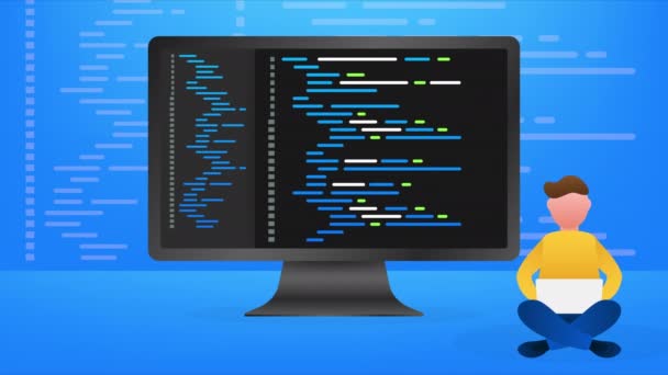 Цифровой текст кода Java. Концепция программирования компьютера. Программирование сценария программирования java, цифровой код программы с мальчиком на экране иллюстрации. Иллюстрация. — стоковое видео