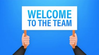 Takıma hoş geldin. Pankart tasarımı için el ele tutuşma pankartı olan bir çizgi film posteri. Banner, Billboard tasarımı. hisse illüstrasyonu.