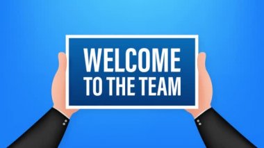 Takıma hoş geldin. Pankart tasarımı için el ele tutuşma pankartı olan bir çizgi film posteri. Banner, Billboard tasarımı. hisse illüstrasyonu.