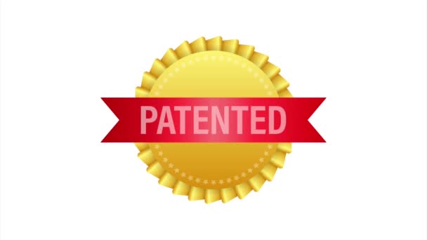 Etiqueta patentada en oro sobre cinta roja sobre fondo blanco. ilustración de stock. — Vídeo de stock