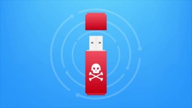 USB hafıza kartındaki bilgisayar virüsü. Virüs koruması. Stok çizimi. Hareket grafikleri.