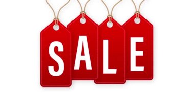 Dört adet kırmızı yuvarlak el etiketi satışı. Hareket tasarımı.