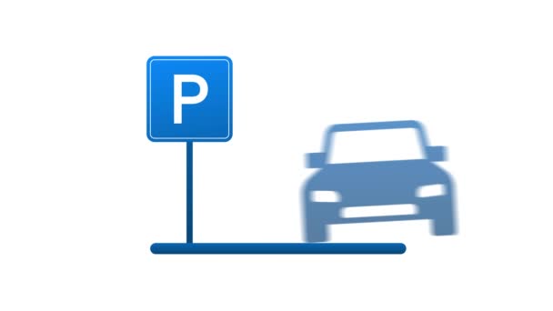 Modelo com estacionamento azul. Logotipo, ícone, rótulo. Estacionamento em fundo branco. Elemento Web. Gráficos de movimento. — Vídeo de Stock