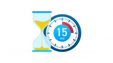 15 dakika, kronometre simgesi. Stopwatch simgesi düz stil, zaman ayarlı renk arkaplanı. Hareket grafikleri.