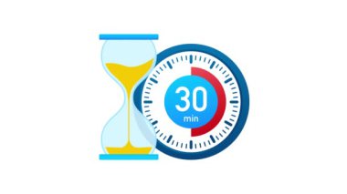 30 dakika, kronometre simgesi. Stopwatch simgesi düz stil, zaman ayarlı renk arkaplanı. Hareket grafikleri.