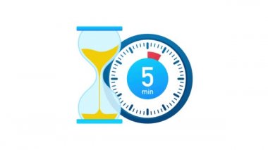 5 dakika, kronometre simgesi. Stopwatch simgesi düz stil, zaman ayarlı renk arkaplanı. Hareket grafikleri.