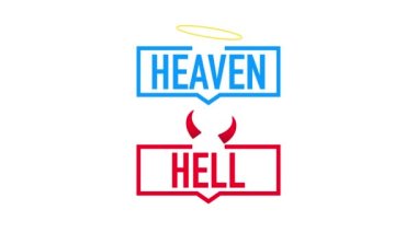 Cehennem ya da cennet. Melek ve şeytan sembolü. Beyaz arka planda iyi ve kötü. Hareket grafikleri.