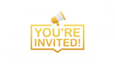 Rozet, megafonlu pankart - davetlisiniz. Hareket grafikleri.