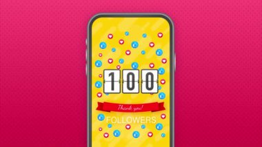 100 takipçi, teşekkürler, sosyal siteler paylaşımı. Takipçiler tebrik kartı için teşekkürler. Hareket grafikleri.
