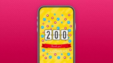 200 takipçi, teşekkürler, sosyal siteler paylaşımı. Takipçiler tebrik kartı için teşekkürler. Hareket grafikleri.