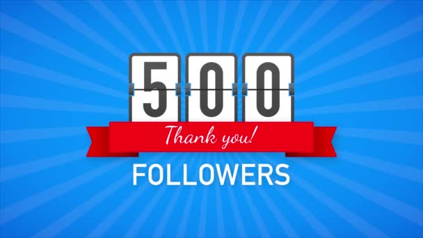 500 følgere, takk, sosiale nettsteder. Takk for gratulasjonskortet. Bevegelsesgrafikk. – stockvideo