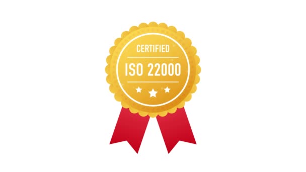 ISO 22000 tanúsítvánnyal rendelkező arany címke fehér alapon. Mozgókép. — Stock videók