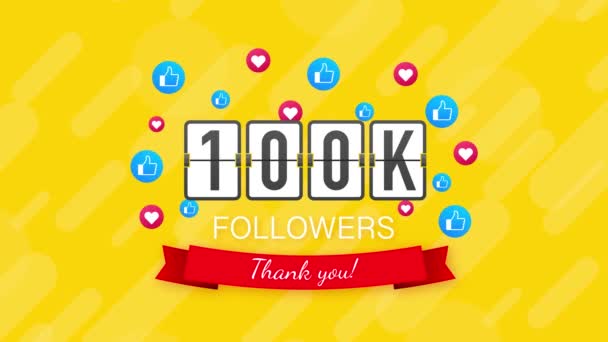 100k seguidores, Gracias, sitios sociales post. Gracias seguidores felicitación tarjeta. Gráficos en movimiento. — Vídeos de Stock