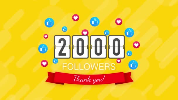 2k seguidores, Gracias, sitios sociales post. Gracias seguidores felicitación tarjeta. Gráficos en movimiento. — Vídeo de stock