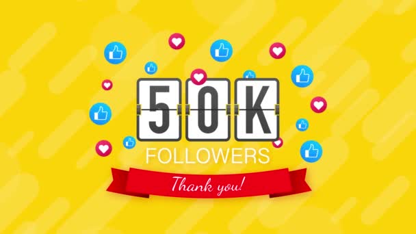 50 000 følgere, takk, sosiale nettsteder. Takk for gratulasjonskortet. Bevegelsesgrafikk. – stockvideo