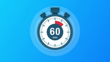 60 dakika, kronometre simgesi. Stopwatch simgesi düz stil, zaman ayarlı renk arkaplanı. Hareket grafikleri.