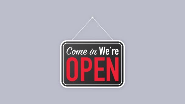 Come in were open hanging sign on white background. Sign for door. Motion graphics. — Stock Video