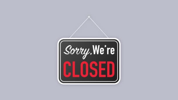 Sorry were closed hanging sign on white background. Sign for door. Motion graphics. — Stock Video