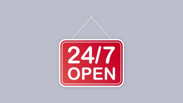 24 7 open only hanging sign on white background. Sign for door. Motion graphics. — Stock Video