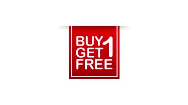 Red ribbon Buy 1. Ücretsiz satış etiketi, pankart tasarımı şablonu. Hareket grafikleri.