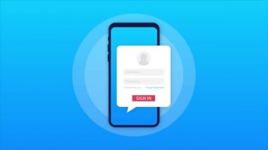 Akıllı telefon ekranında giriş sayfası. Not defteri ve çevrimiçi giriş formu, sayfa olarak imzalayın. Kullanıcı profili, hesap kavramlarına erişim. Hareket grafikleri.
