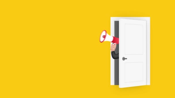 Hand Holding Megaphone with come in we are open. Megaphone banner. Web design. Motion graphics. — Vídeo de stock