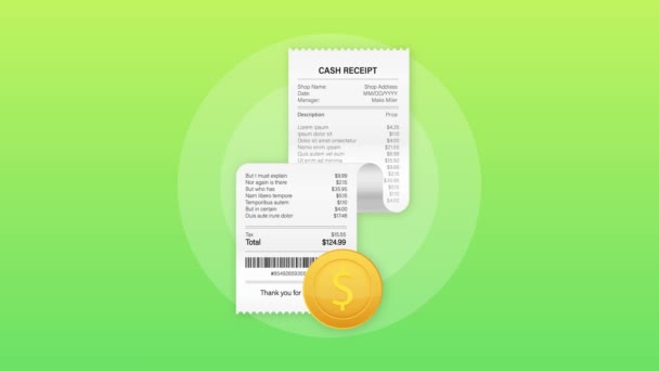 Receipts illustration of realistic payment paper bills for cash or credit card transaction. Motion graphics. — Stock Video