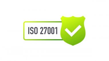 ISO 27001 sertifikalı rozet, ikon. Sertifika damgası. Düz dizayn. Hareket grafikleri.