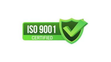 ISO 9001 sertifikalı rozet, simge. Sertifika damgası. Düz dizayn. Hareket grafikleri.