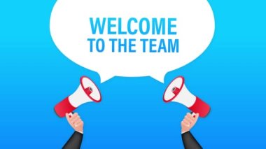 Konuşma balonuna yazılmış ekibe hoş geldiniz. Reklam tabelası. Hareket grafikleri.