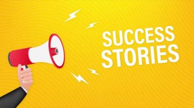 Başarı hikayeli el ele tutuşan megafon. Hareket grafikleri.