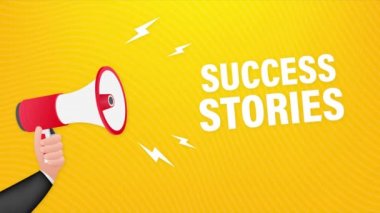 Başarı hikayeli el ele tutuşan megafon. Hareket grafikleri.