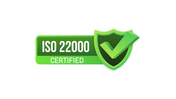 Certificato ISO 22000, icona. Timbro di certificazione. Design piatto. Grafica del movimento. — Video Stock